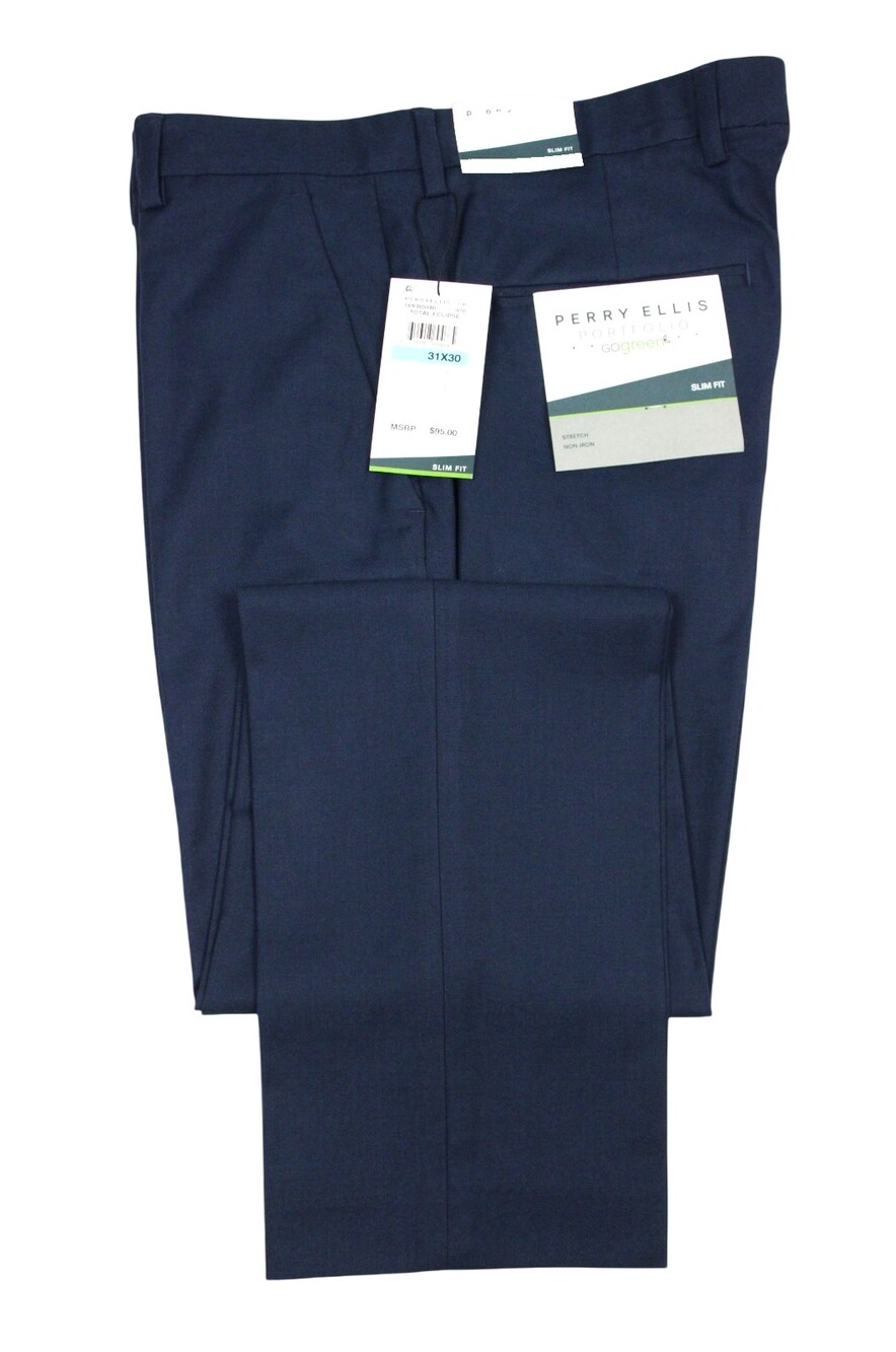 Perry Ellis Portfolio Essentials Pants Mens 31x30 Navy Slim Fit Stretch Non Iron